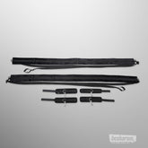 Sportsheets no matter where restraint system with adjustable straps and four padded wrist and ankle cuffs laid out on white background