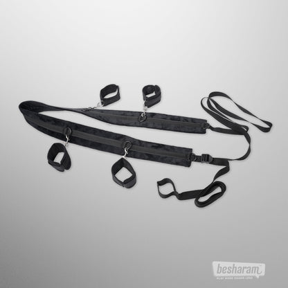 Complete Sportsheets no matter where restraint  kit with straps, connectors, and padded cuffs displayed together