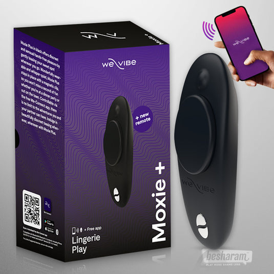 We-Vibe Moxie Plus wearable panty vibrator with app control shown with product box and smartphone remote control.