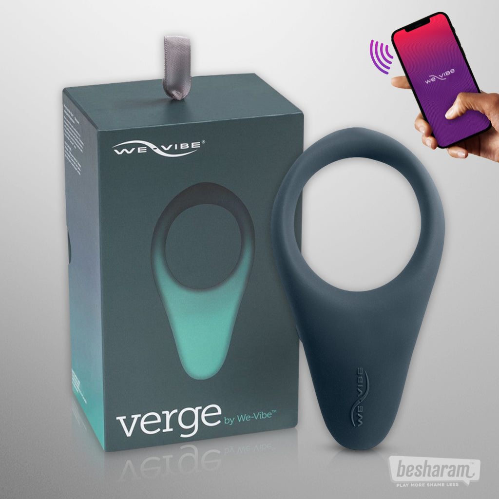 We-Vibe verge product with packaging and smartphone displaying app on a gray background