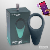 We-Vibe verge product with packaging and smartphone displaying app on a gray background