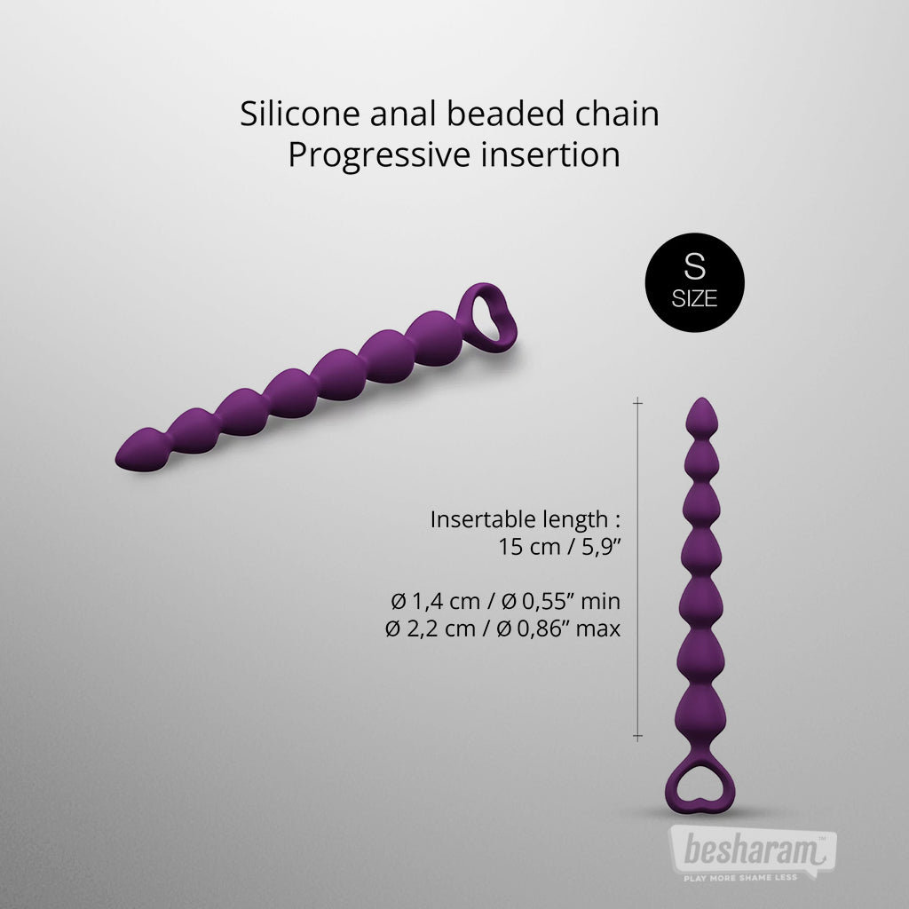 Purple silicone anal beaded chain small size with measurements, progressive anal beads with heart shaped handle, insertable length and diameter size guide shown