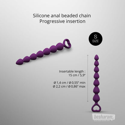 Purple silicone anal beaded chain small size with measurements, progressive anal beads with heart shaped handle, insertable length and diameter size guide shown