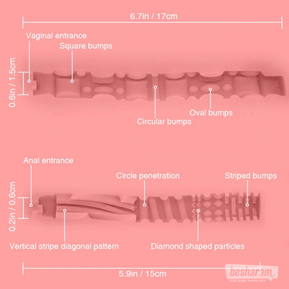 Internal texture diagram showing vaginal and anal tunnel patterns and stimulation zones.
