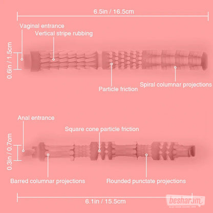 Diagram showing internal textures of vaginal and anal tunnels with friction and stimulation patterns.
