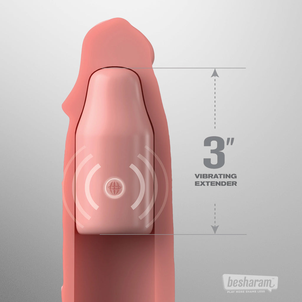 3 inch vibrating extender shown inside penis sleeve for added length and stimulation