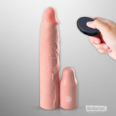 Realistic vibrating penis sleeve displayed with wireless remote control in hand