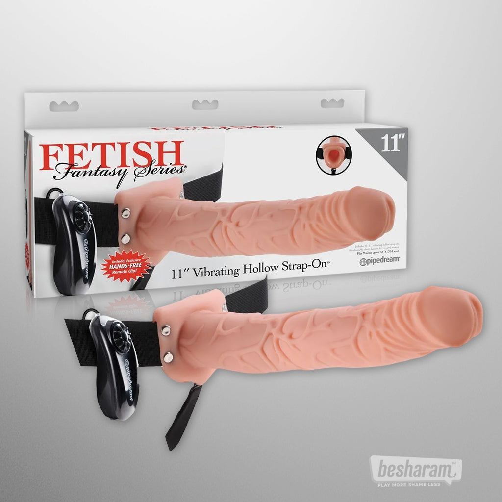 Fetish Fantasy 11 inch vibrating hollow strap-on with adjustable harness and remote control, realistic design adult toy for couples