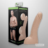 Fleshlight Guys Mick Blue realistic silicone dildo shown with original packaging for lifelike detail and curved shaft design