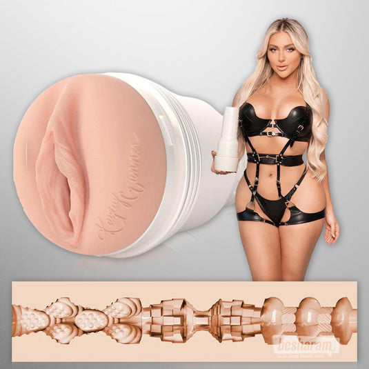 Fleshlight Girls Kayley Gunner masturbator displayed beside the model in black harness lingerie with close-up view of sleeve opening and inner texture