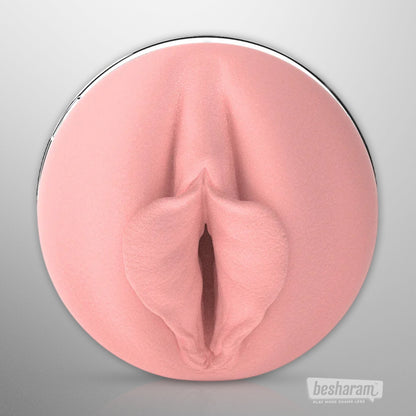 Front view of Fleshlight Quiver vibrating masturbator with control panel and chrome body