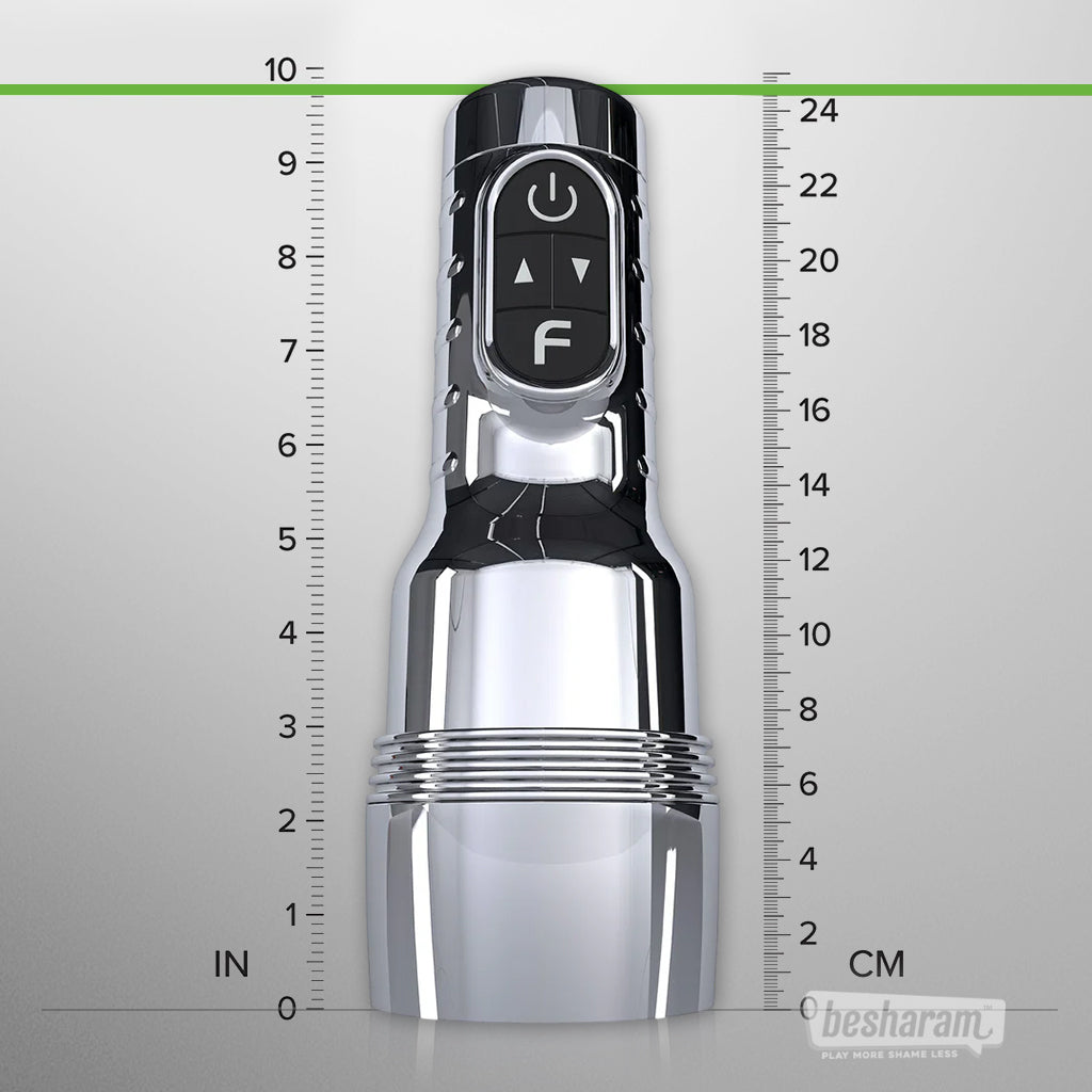 Fleshlight Quiver rechargeable vibrating stroker showing product size and length dimensions in inches and centimeters