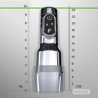 Fleshlight Quiver rechargeable vibrating stroker showing product size and length dimensions in inches and centimeters