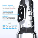 Fleshlight Quiver vibrating stroker showing dual motor vibration modes and warming function controls