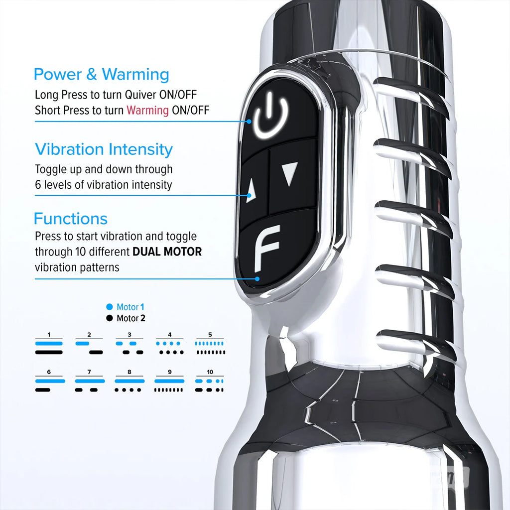 Fleshlight Quiver vibrating stroker showing dual motor vibration modes and warming function controls