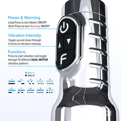 Fleshlight Quiver vibrating stroker showing dual motor vibration modes and warming function controls