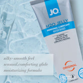 JO H2O Jelly water based personal lubricant tube placed on liquid background showing silky smooth moisturizing formula for comfortable glide