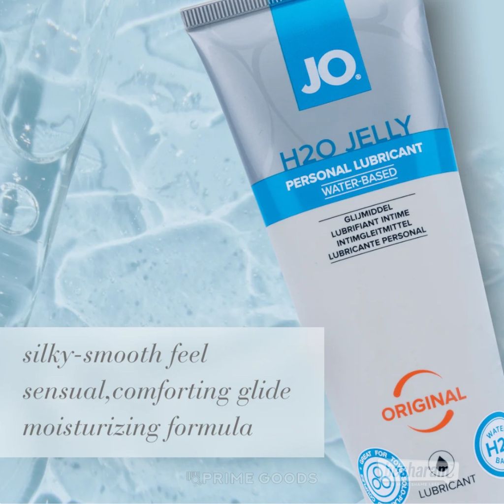 JO H2O Jelly water based personal lubricant tube placed on liquid background showing silky smooth moisturizing formula for comfortable glide