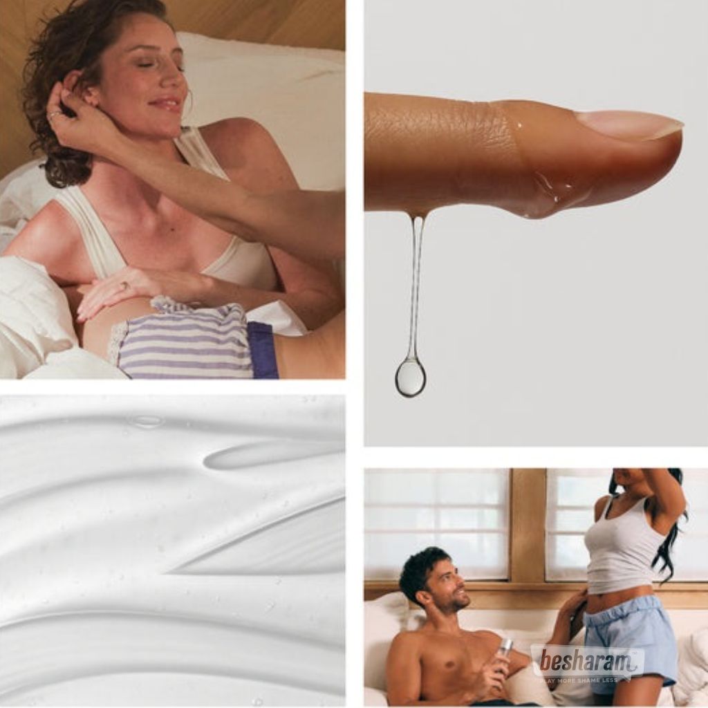 Clear hybrid personal lubricant drop on fingertip with smooth moisturizing texture for long lasting comfortable glide during intimate use