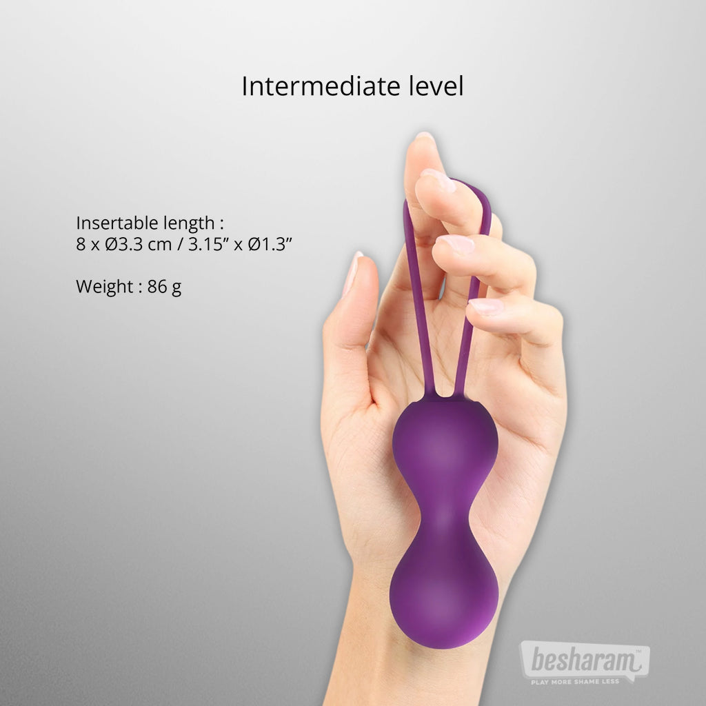 Joia kegel balls intermediate level size guide, purple silicone vaginal balls showing insertable length and weight details