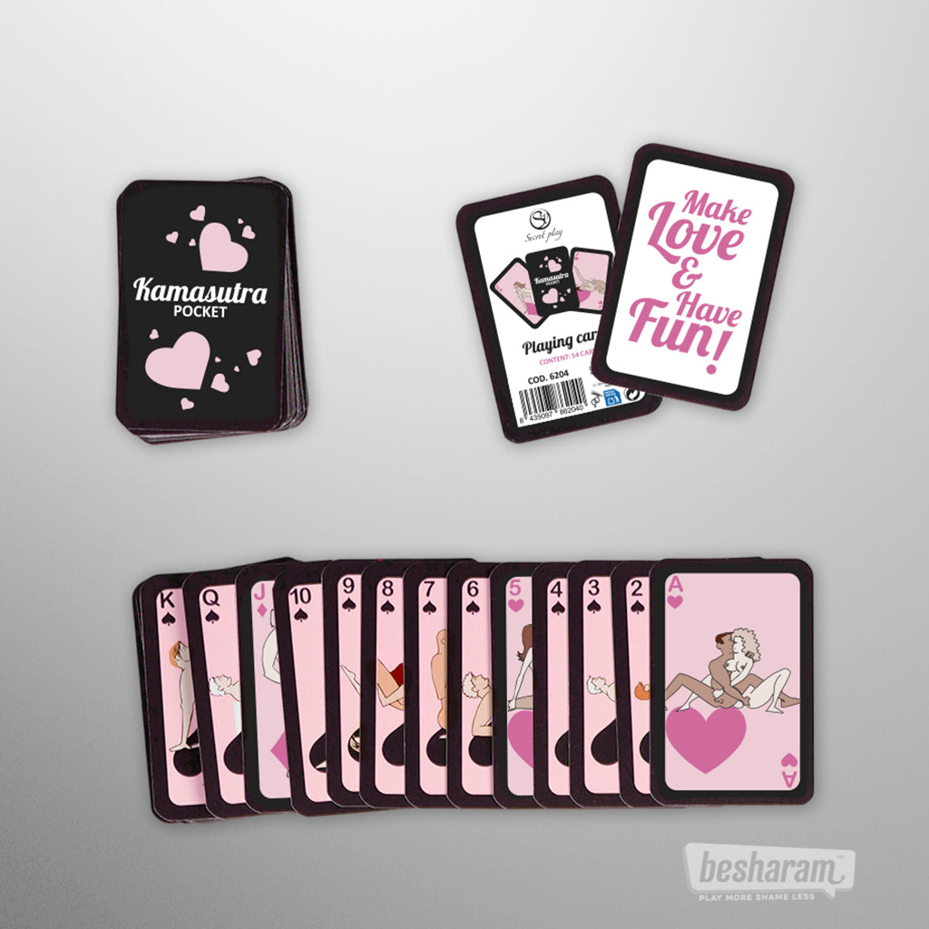 Kamasutra Pocket playing cards set with full deck and playful illustrated cards displayed