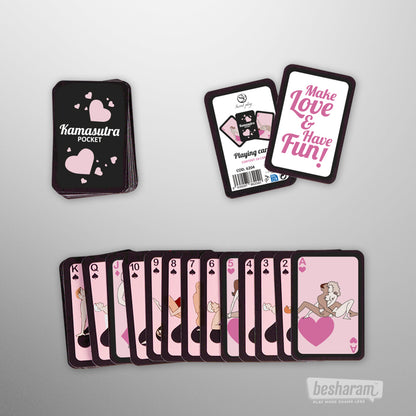 Kamasutra Pocket playing cards set with full deck and playful illustrated cards displayed