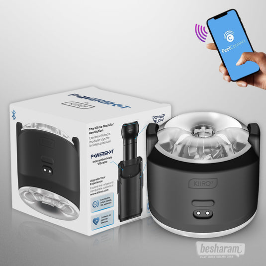 Kiiroo PowerShot packaging with the device and FeelConnect app shown on a phone