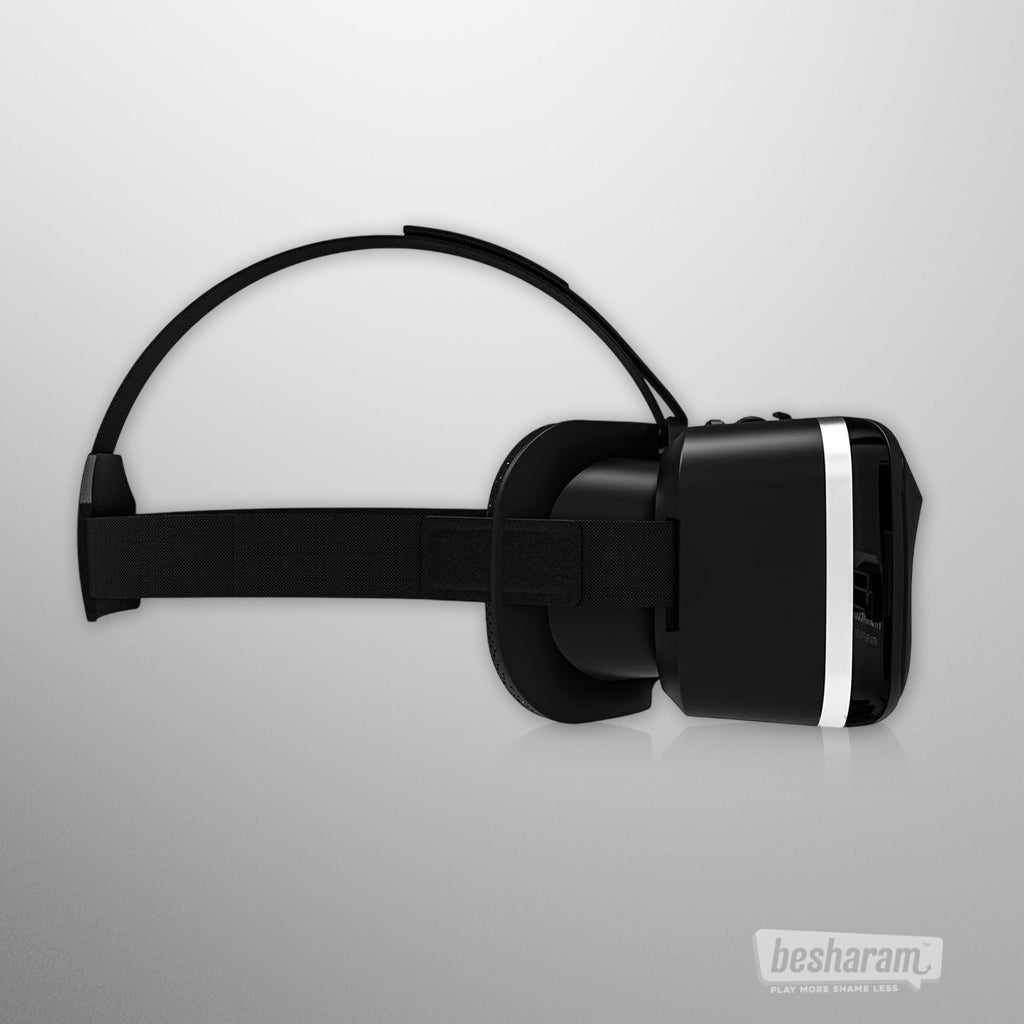 Side profile view of the Kiiroo VR virtual reality headset showing head strap