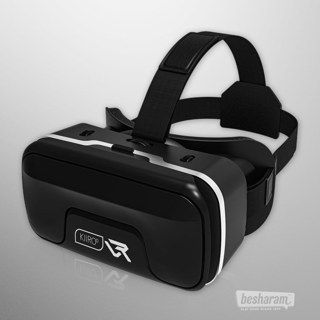 Top angled view of the Kiiroo VR virtual reality headset with head strap system