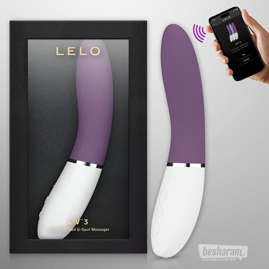 LELO Liv 3 G-spot vibrator in plum color displayed with retail box and smartphone app control, curved silicone design for targeted stimulation