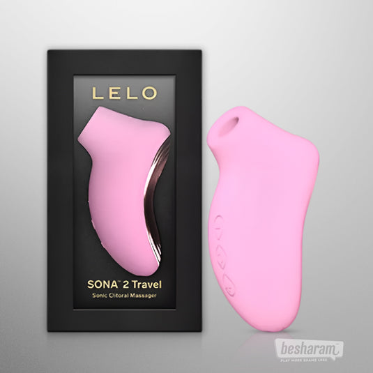 LELO Sona 2 Travel pink clitoral massager shown next to its branded box