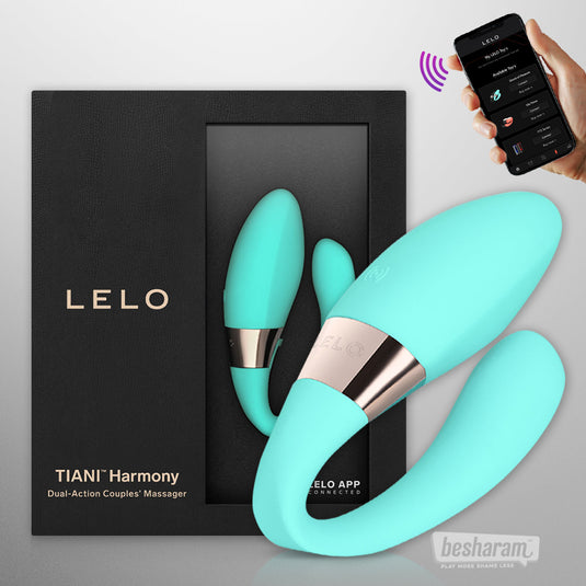 LELO Tiani Harmony aqua dual-action couples vibrator displayed with luxury box and smartphone showing app-based vibration control