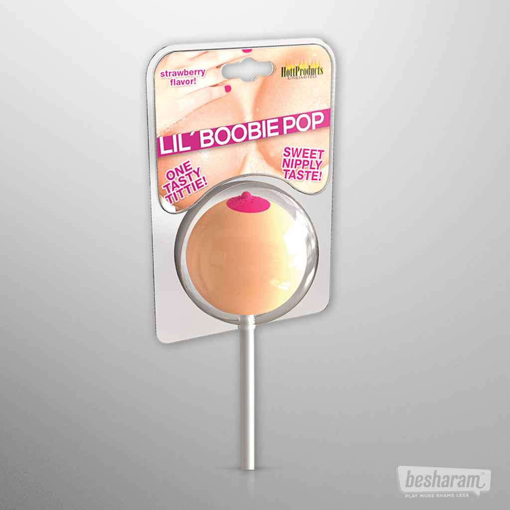 Lil’ Boobie Pop strawberry-flavored novelty lollipop in breast-shaped design, packaged and displayed.