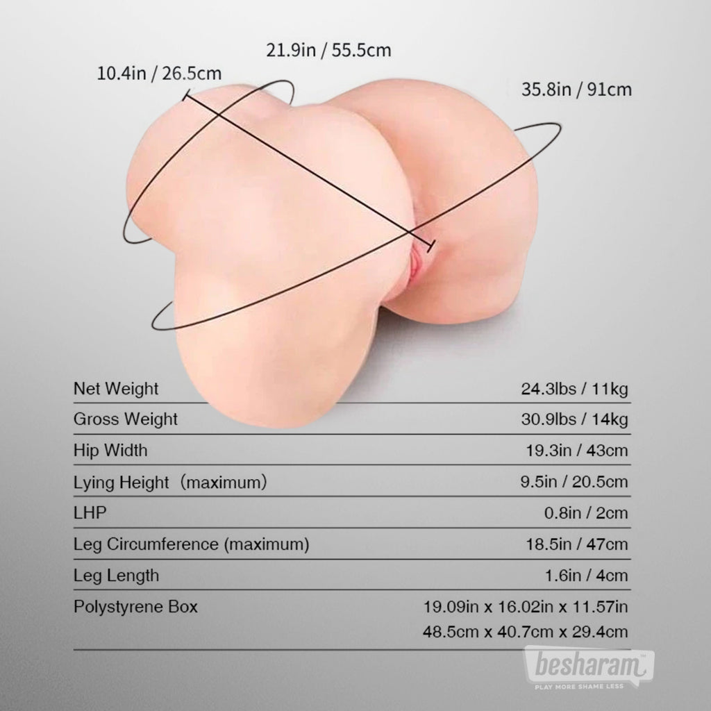 Measurement chart showing dimensions weight and size of compact torso sex doll