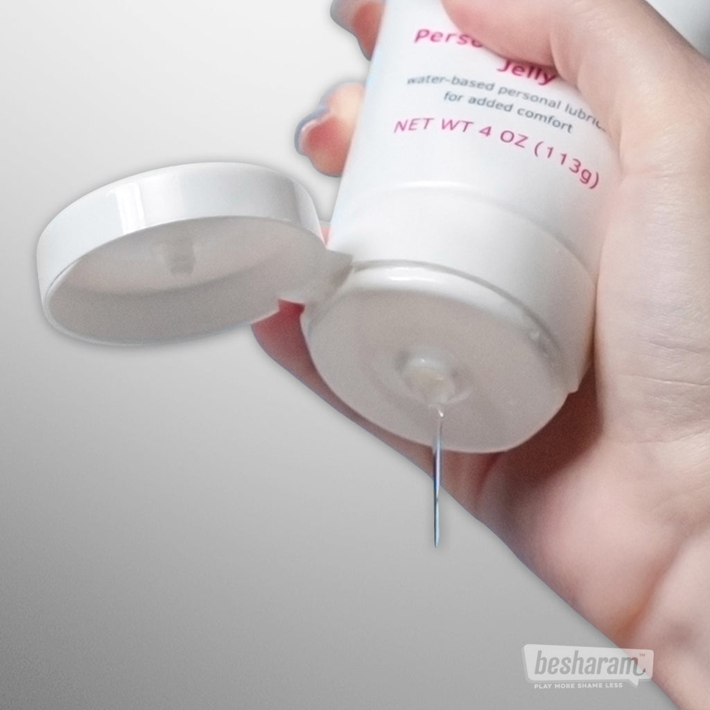 Close up of Lovense water based lubricant jelly dispensing from flip cap tube