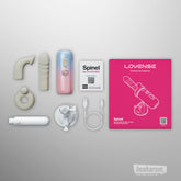 Lovense Spinel thrusting dildo full box contents including attachments, suction base, charger, and manuals
