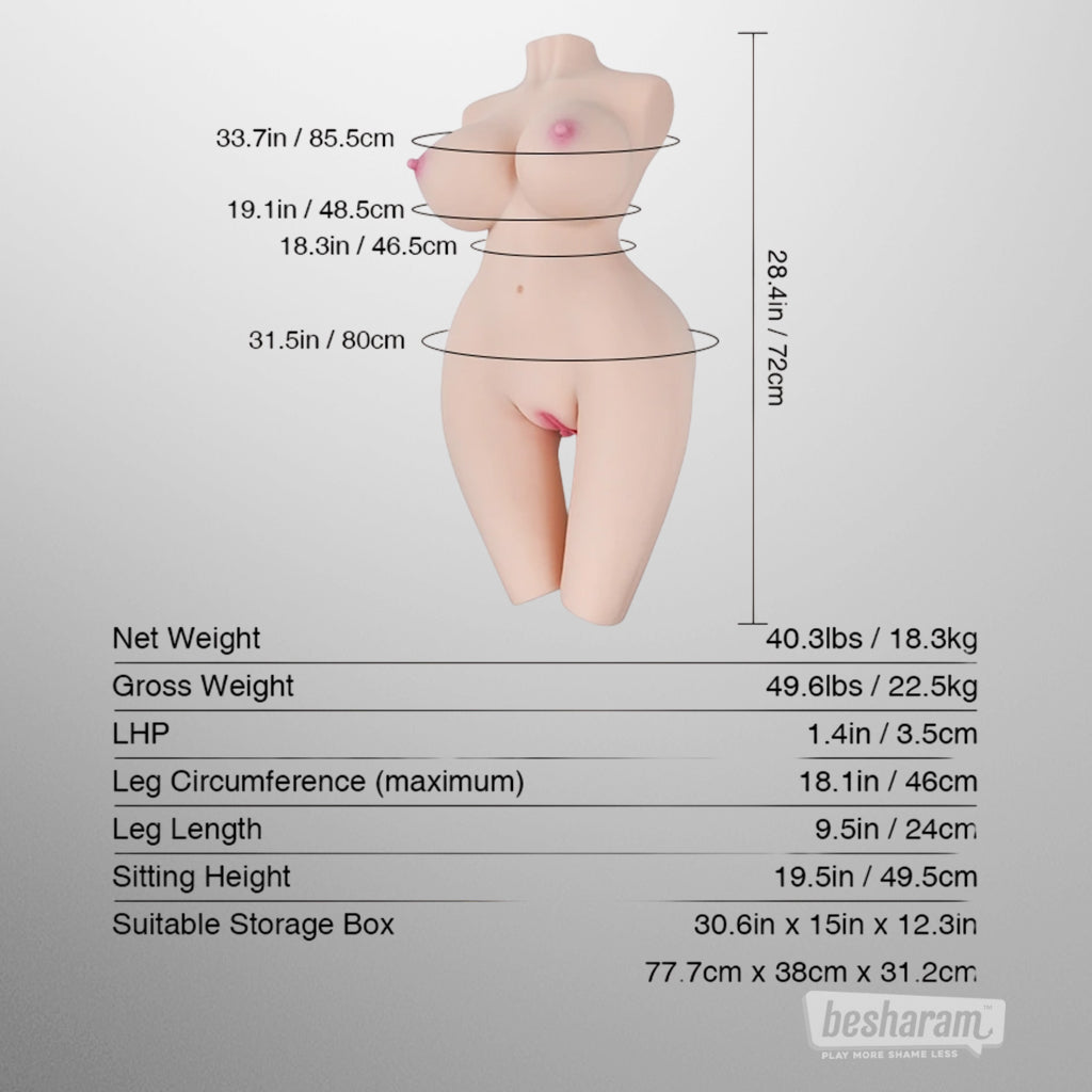 Sex doll torso size and measurement chart showing height weight and dimensions