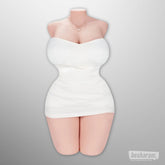 Front view of the torso doll wearing a fitted white dress showing curvy silhouette.