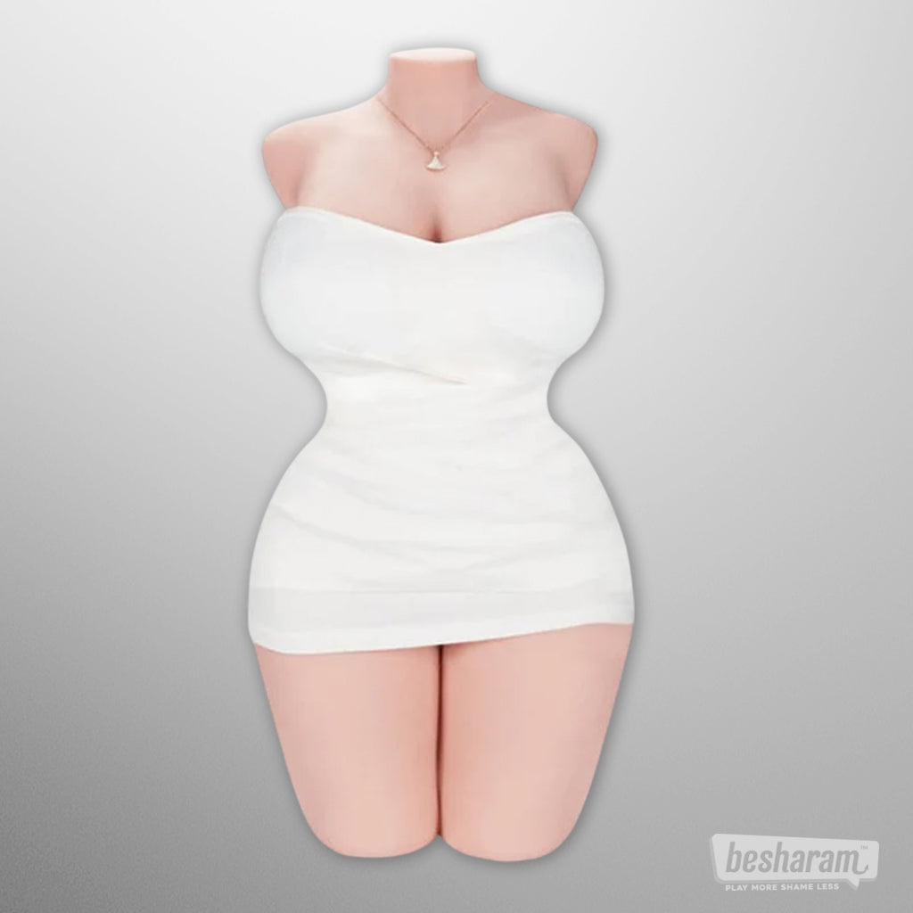 Front view of the torso doll wearing a fitted white dress showing curvy silhouette.