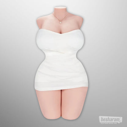 Front view of the torso doll wearing a fitted white dress showing curvy silhouette.
