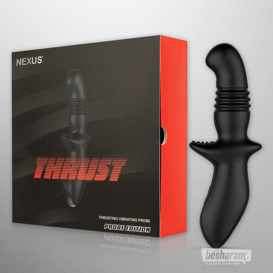 Nexus Thrust Probe Edition box packaging shown with black thrusting prostate probe product displayed beside it