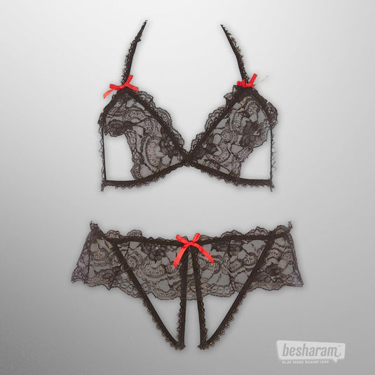 Rene Rofe Lace Peek A Boo Bra &amp; Crotchless Panty Set