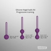 Progressive Kegel training kit showing three sizes and weights for pelvic floor strengthening.