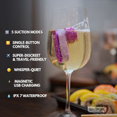 Pixie suction massager placed in water highlighting five suction modes, whisper quiet operation, magnetic USB charging, and IPX7 waterproof design