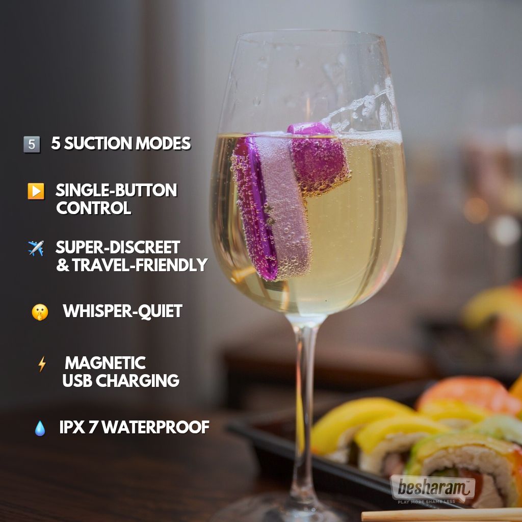 Pixie suction massager placed in water highlighting five suction modes, whisper quiet operation, magnetic USB charging, and IPX7 waterproof design