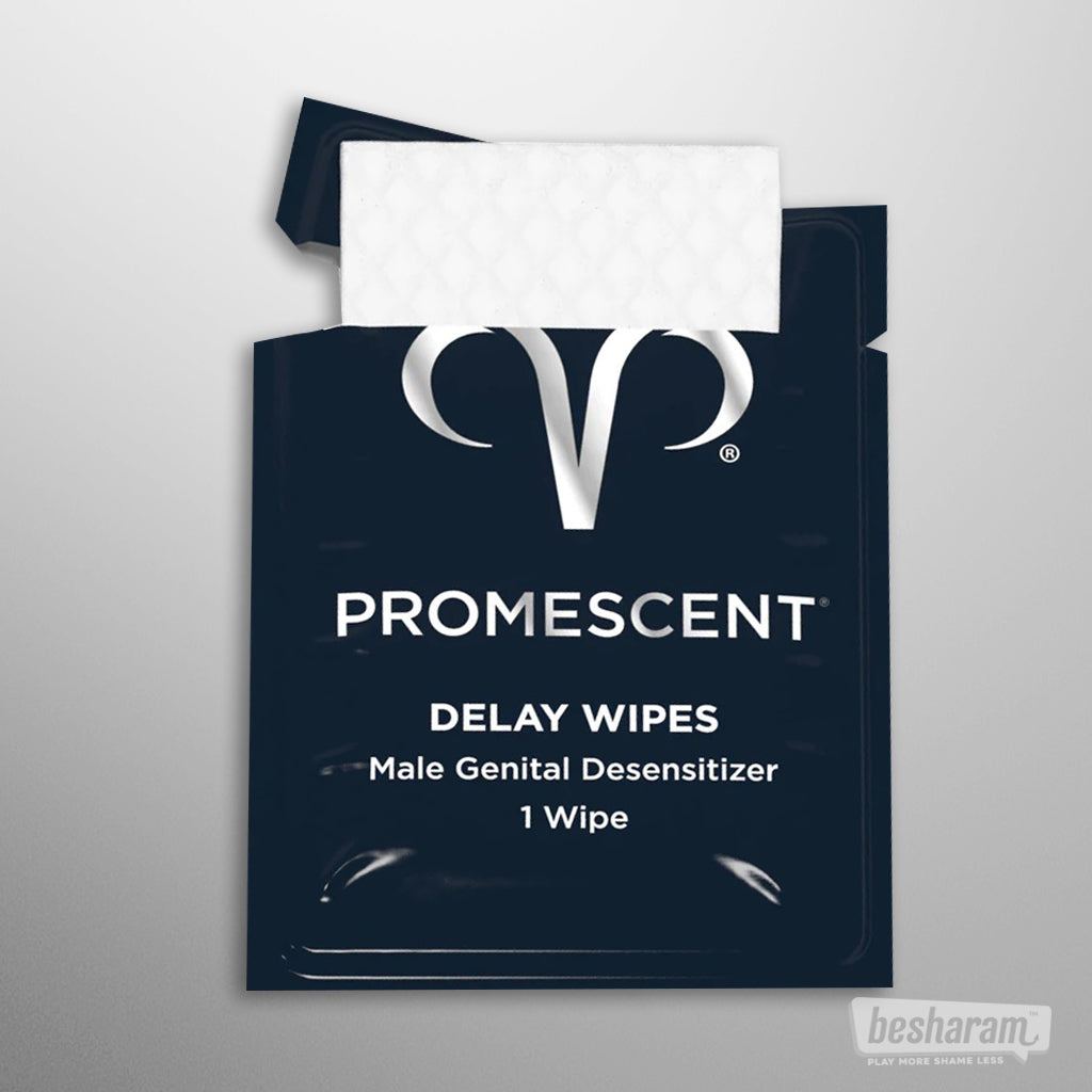 Single Promescent delay wipes sachet opened with wipe partially visible on clean background