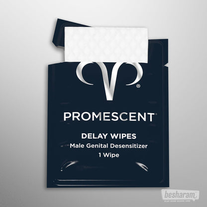 Single Promescent delay wipes sachet opened with wipe partially visible on clean background