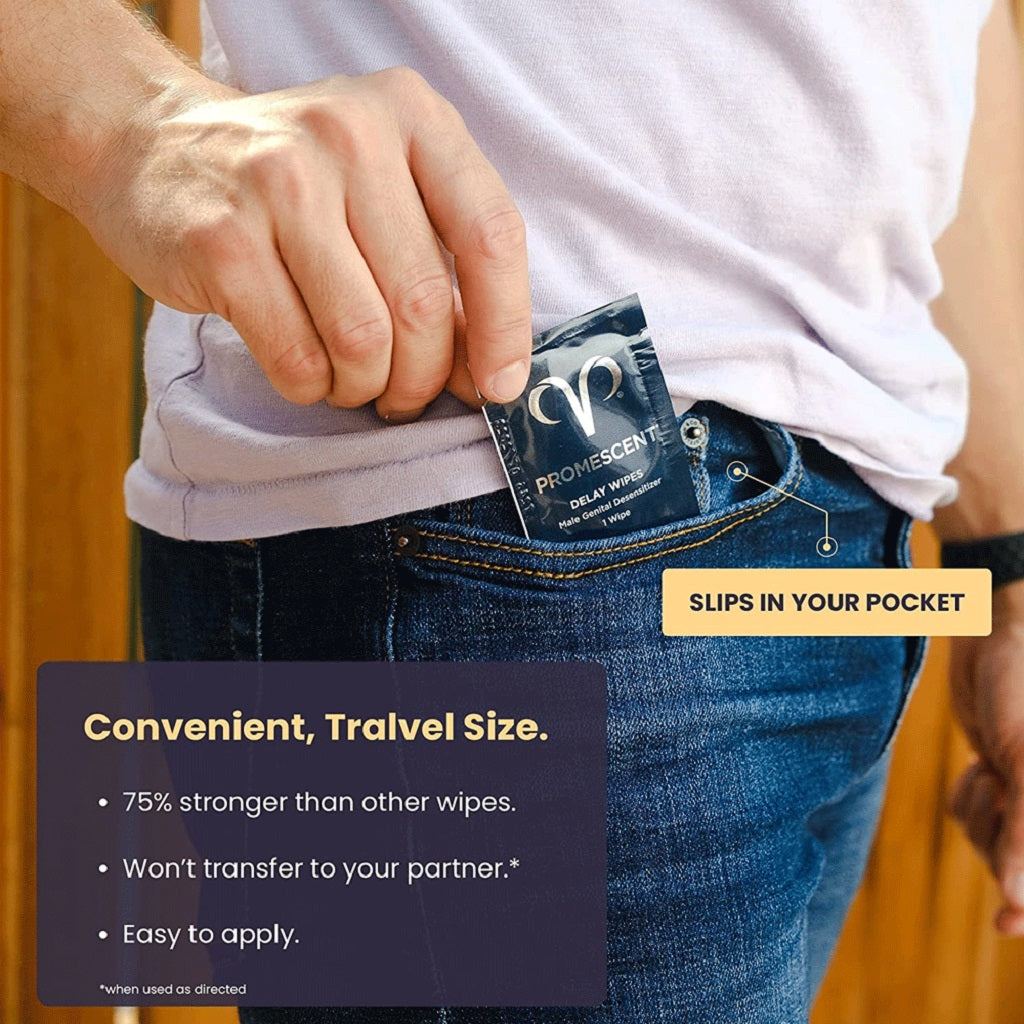 Promescent delay wipes placed in jeans pocket highlighting discreet travel friendly size and easy application