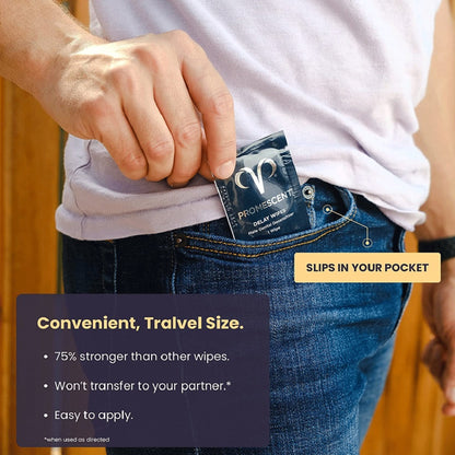 Promescent delay wipes placed in jeans pocket highlighting discreet travel friendly size and easy application