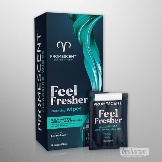 Promescent Feel Fresher cleansing wipes box (40 individual wipes) with a single sachet in front.